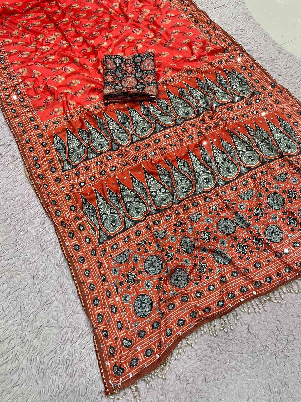 CHINNON SILK DIGTAL PRINT WITH REAL MIRROR WORK SAREE