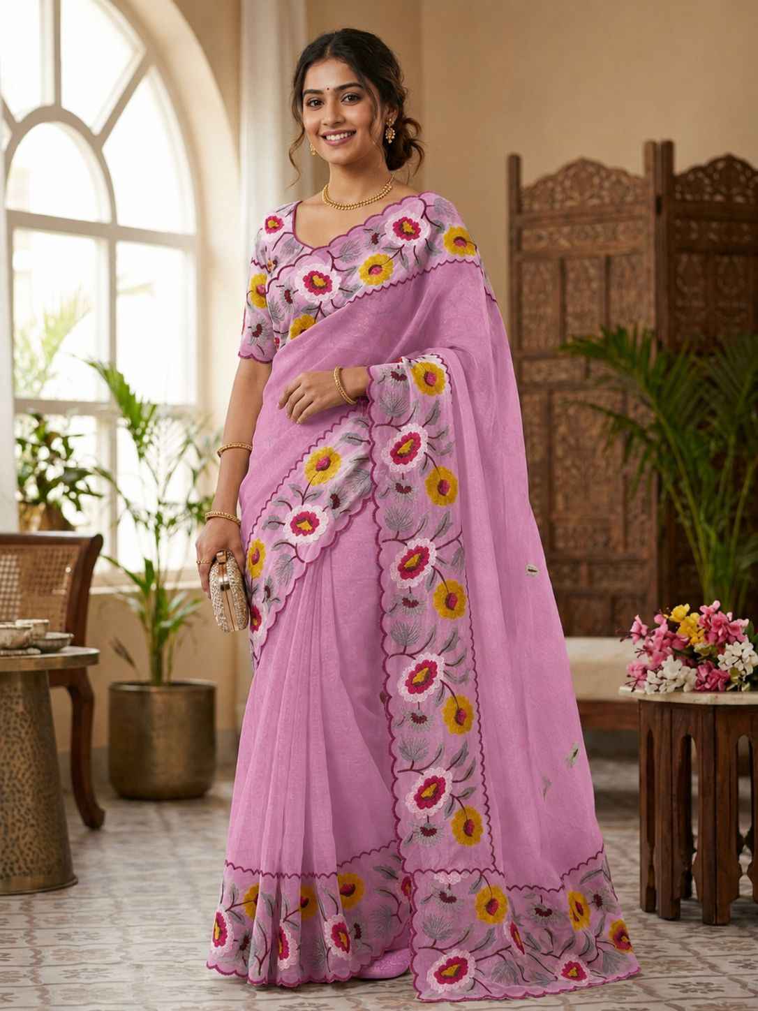  CRUNCHY CHIFFON MULTI EMBROIDERY WORK SAREE