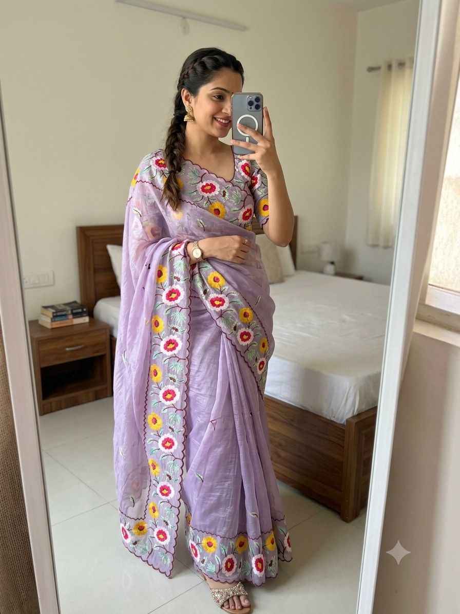  CRUNCHY CHIFFON MULTI EMBROIDERY WORK SAREE