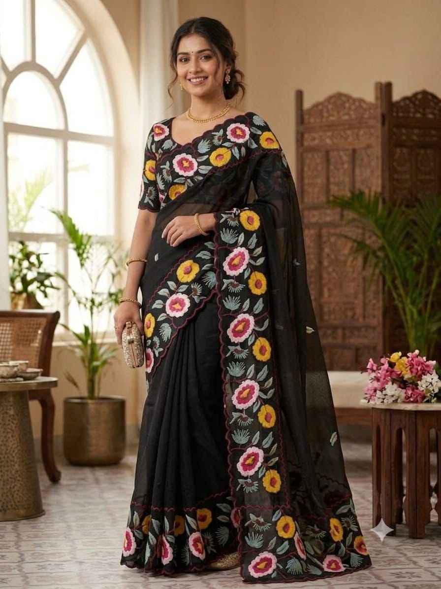  CRUNCHY CHIFFON MULTI EMBROIDERY WORK SAREE