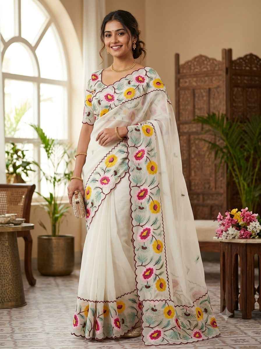  CRUNCHY CHIFFON MULTI EMBROIDERY WORK SAREE