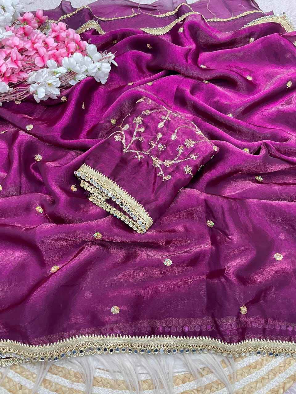 FANDY SATTIN SEQUENCE MIRROR LACE WORK SAREE