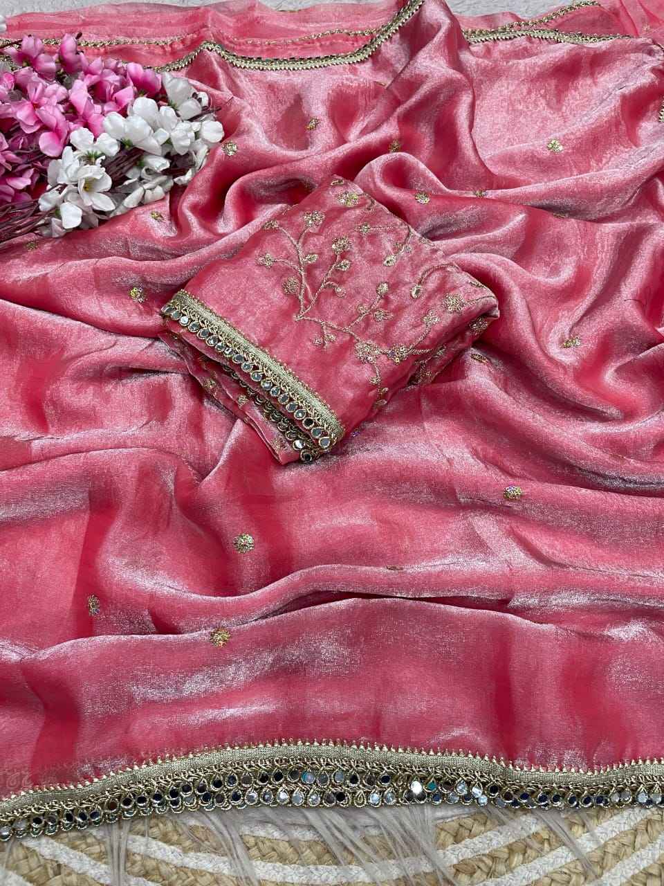 FANDY SATTIN SEQUENCE MIRROR LACE WORK SAREE