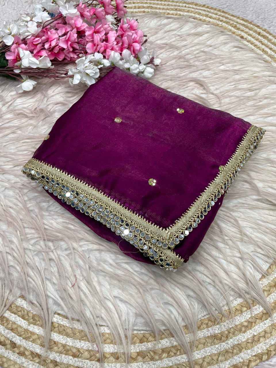 FANDY SATTIN SEQUENCE MIRROR LACE WORK SAREE