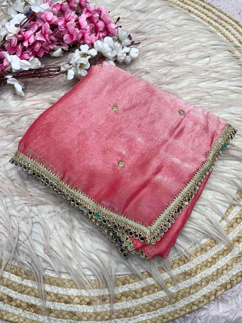 FANDY SATTIN SEQUENCE MIRROR LACE WORK SAREE