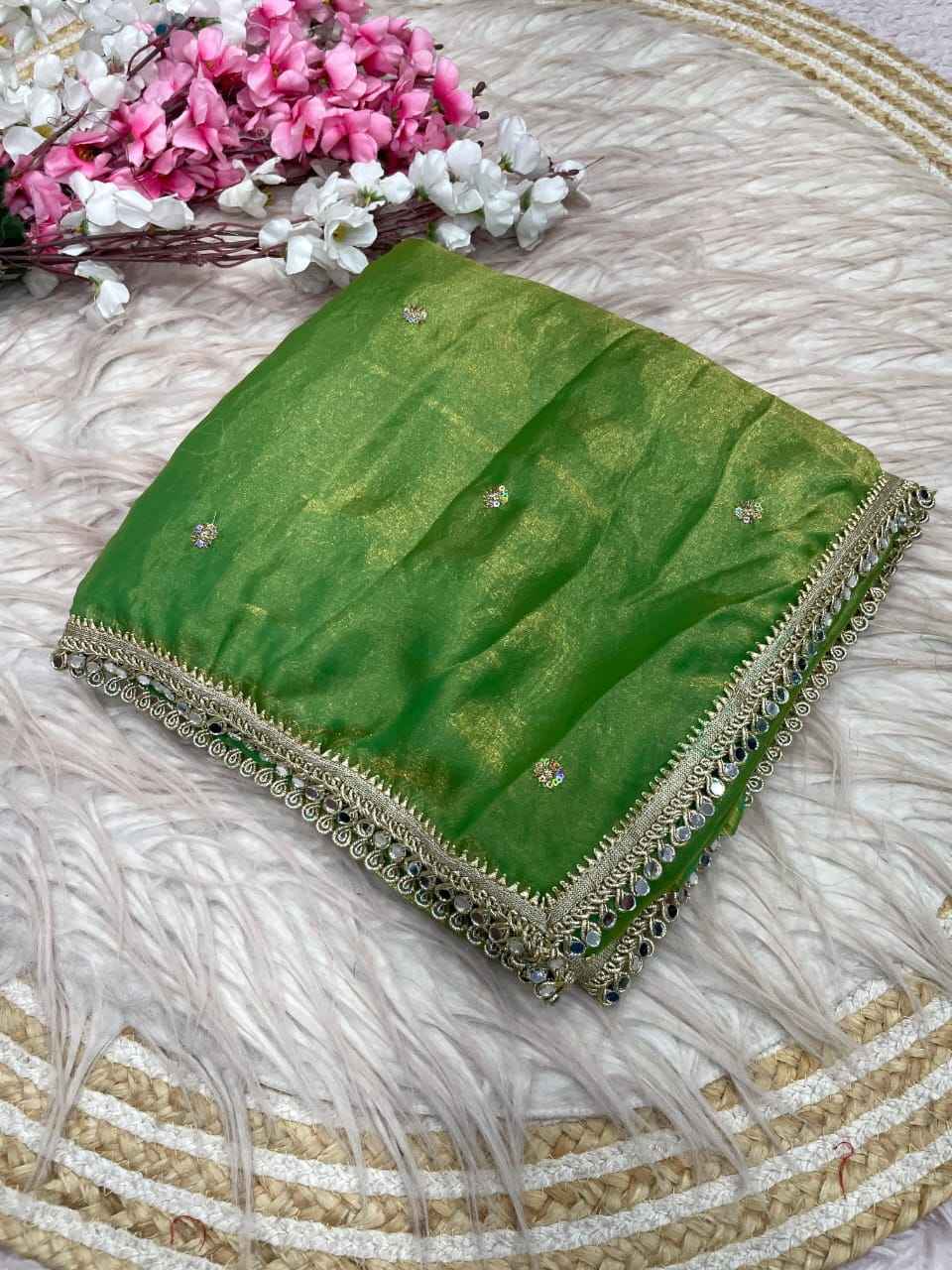 FANDY SATTIN SEQUENCE MIRROR LACE WORK SAREE
