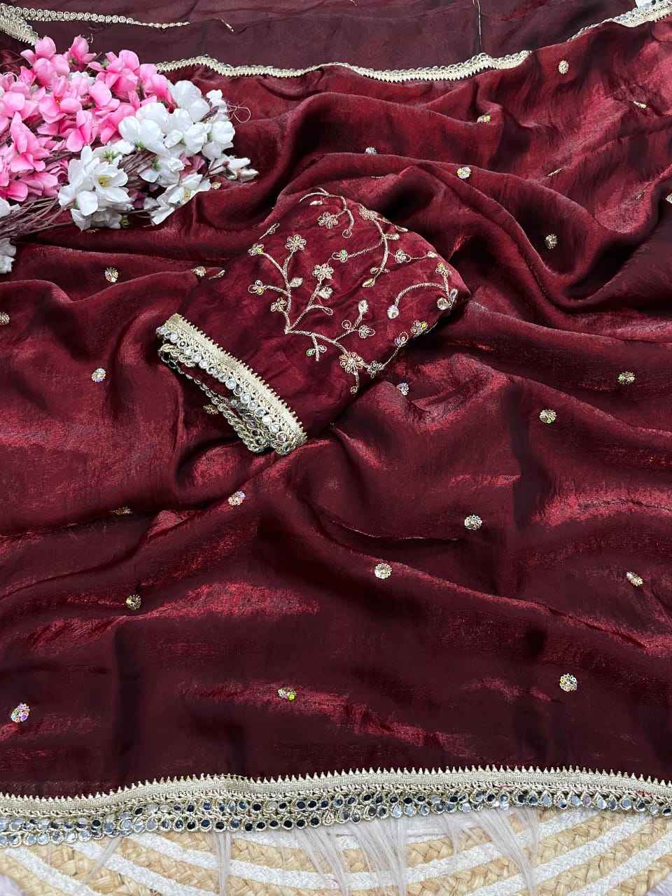 FANDY SATTIN SEQUENCE MIRROR LACE WORK SAREE