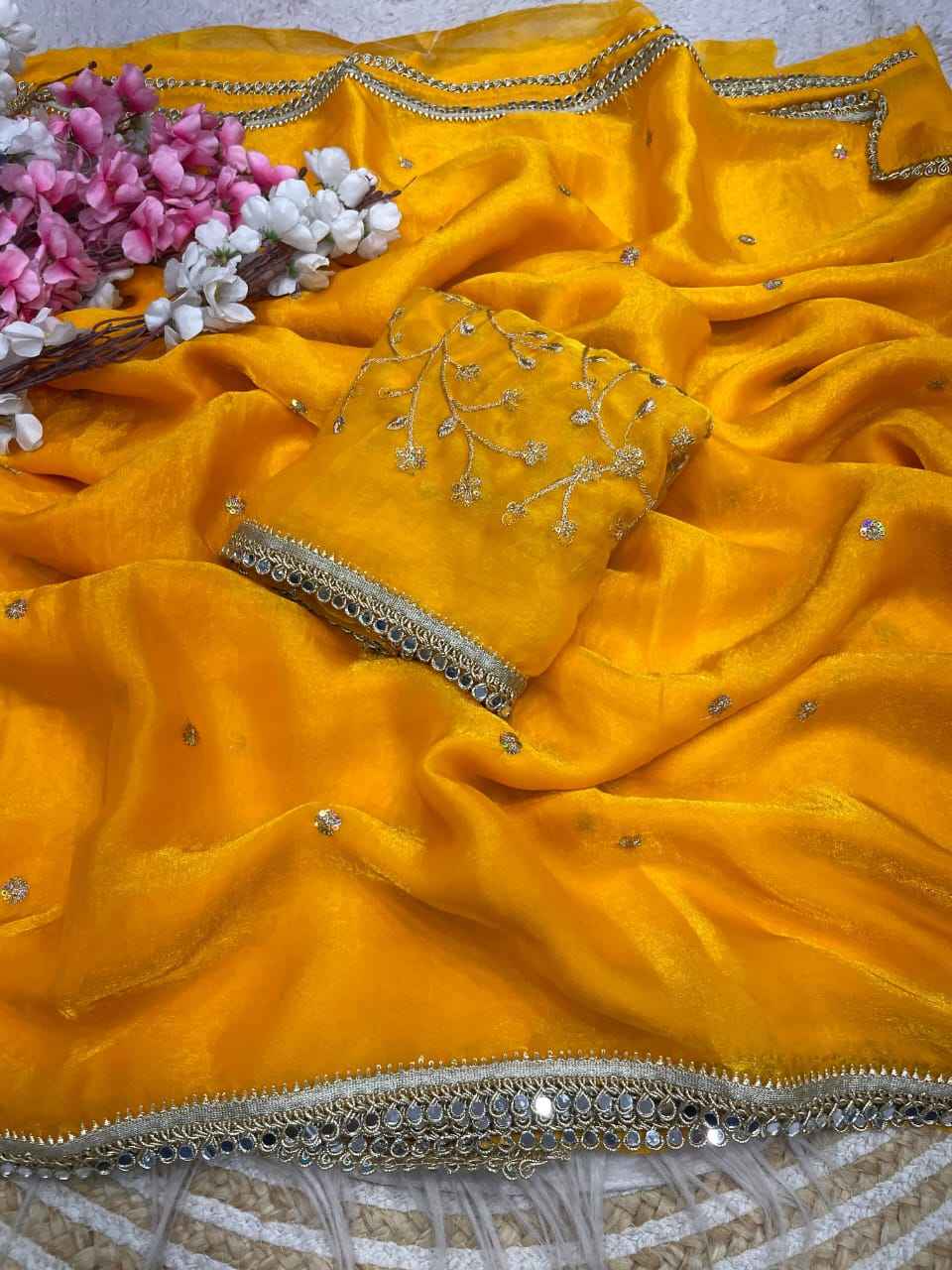 FANDY SATTIN SEQUENCE MIRROR LACE WORK SAREE