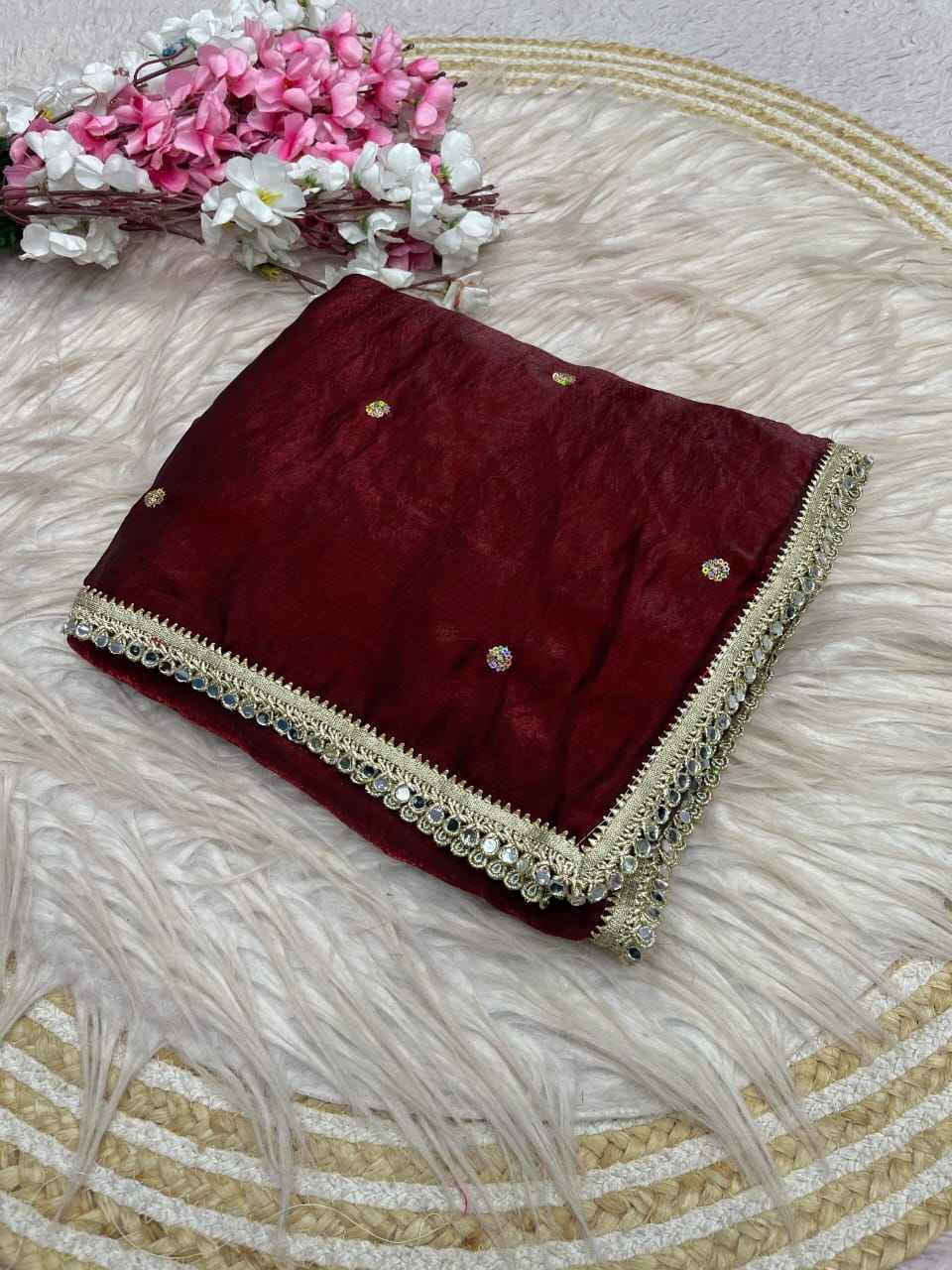 FANDY SATTIN SEQUENCE MIRROR LACE WORK SAREE