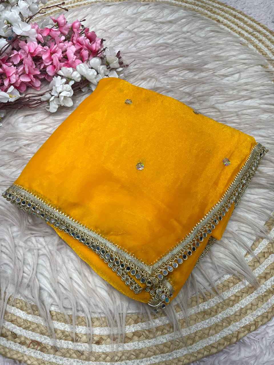FANDY SATTIN SEQUENCE MIRROR LACE WORK SAREE
