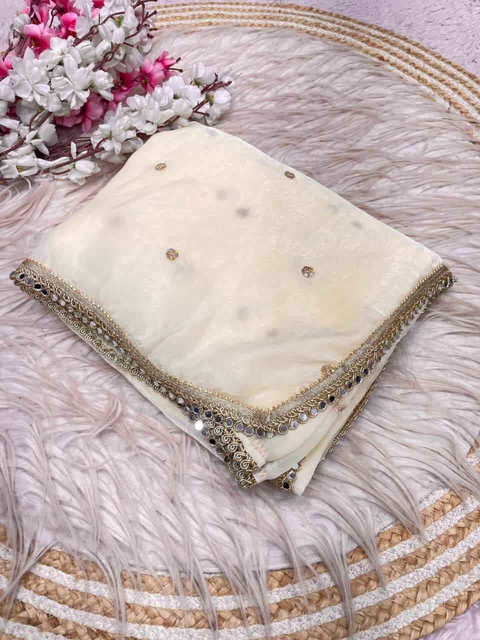 FANDY SATTIN SEQUENCE MIRROR LACE WORK SAREE