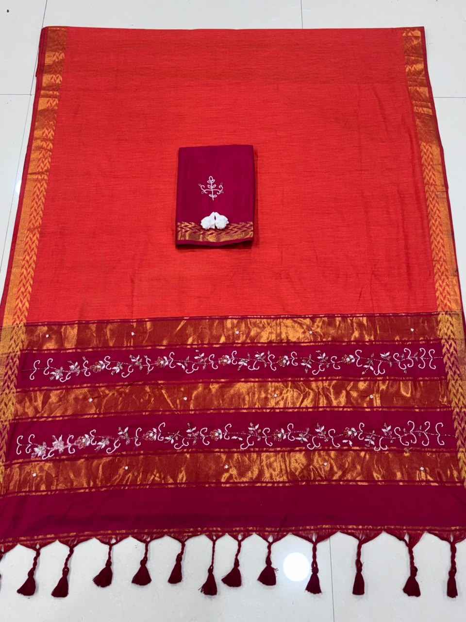 HANDLOOM COTTON RICH PATTA HANDWORK SAREE 