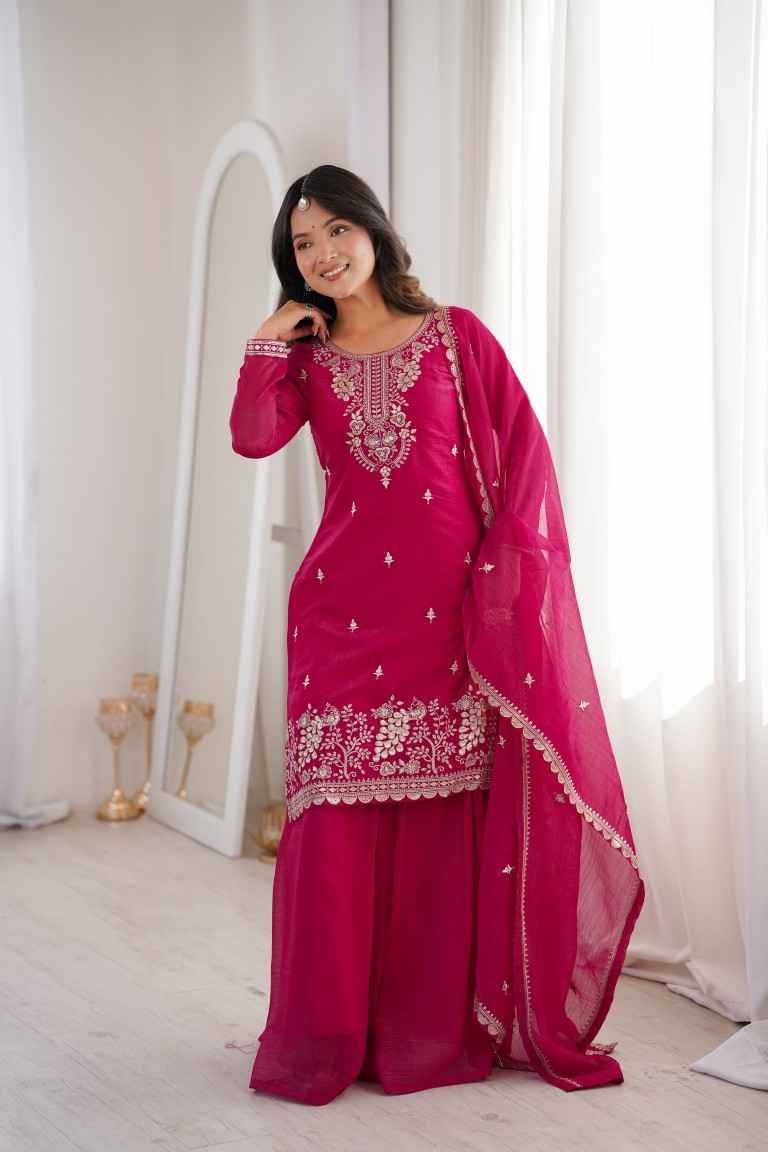 HEAVY PURE SOFT CRUNCHY SILK EMBROIDERY WORK SHARARA READYMADE SUIT