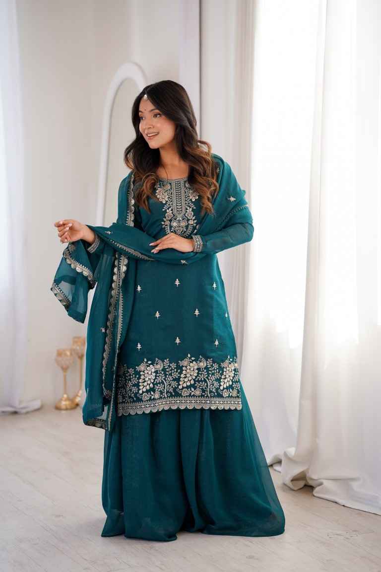 HEAVY PURE SOFT CRUNCHY SILK EMBROIDERY WORK SHARARA READYMADE SUIT