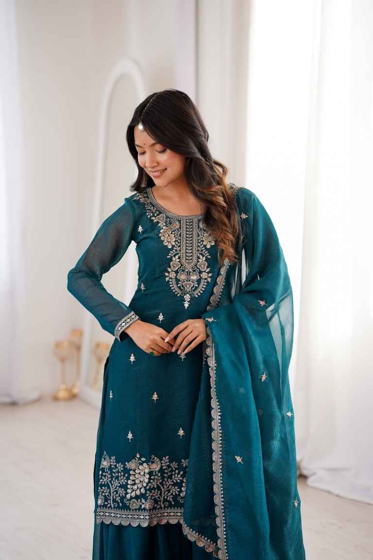 HEAVY PURE SOFT CRUNCHY SILK EMBROIDERY WORK SHARARA READYMADE SUIT