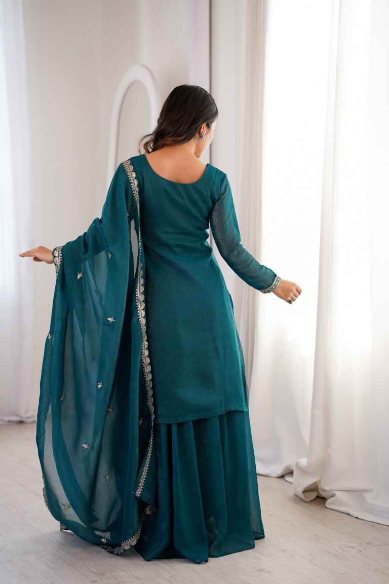 HEAVY PURE SOFT CRUNCHY SILK EMBROIDERY WORK SHARARA READYMADE SUIT