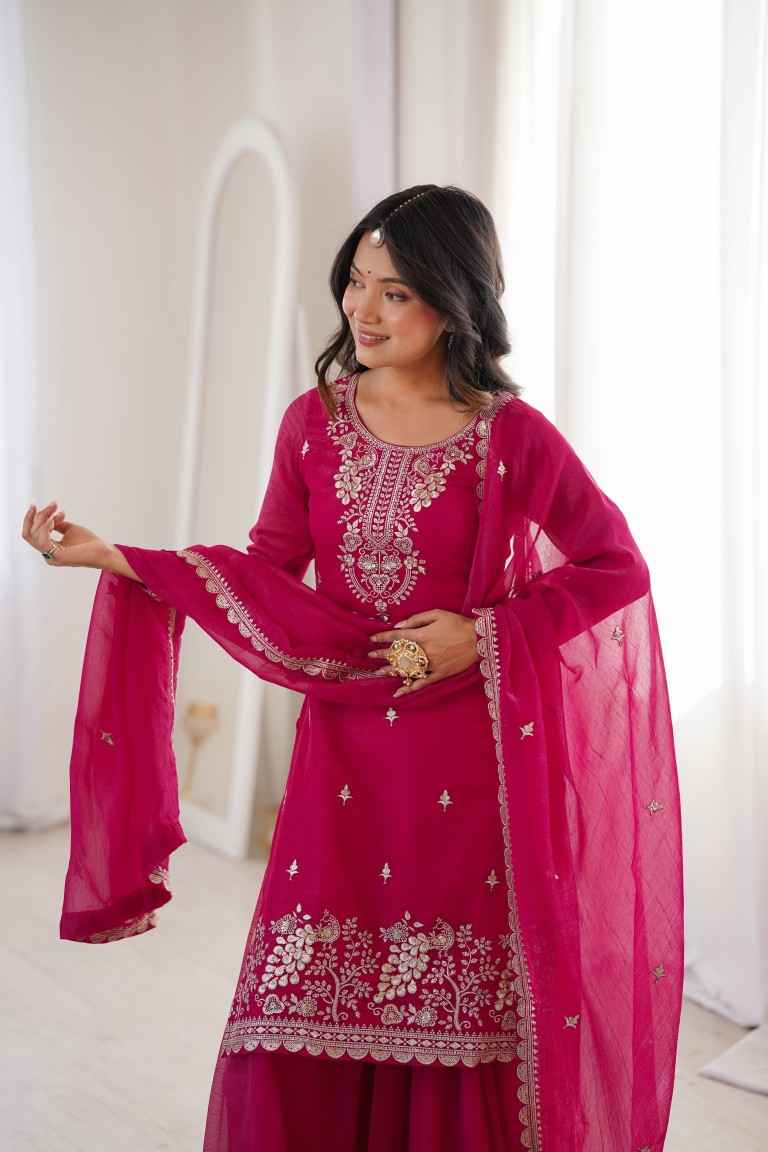 HEAVY PURE SOFT CRUNCHY SILK EMBROIDERY WORK SHARARA READYMADE SUIT