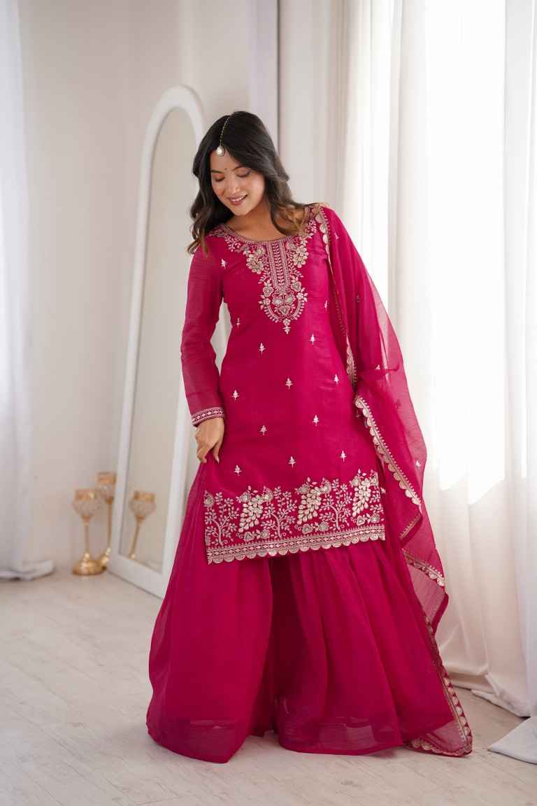 HEAVY PURE SOFT CRUNCHY SILK EMBROIDERY WORK SHARARA READYMADE SUIT