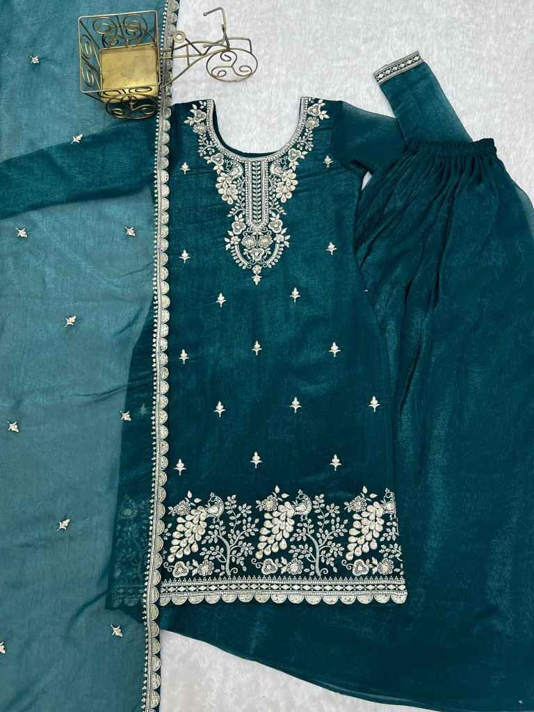 HEAVY PURE SOFT CRUNCHY SILK EMBROIDERY WORK SHARARA READYMADE SUIT
