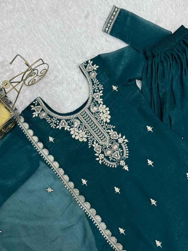 HEAVY PURE SOFT CRUNCHY SILK EMBROIDERY WORK SHARARA READYMADE SUIT