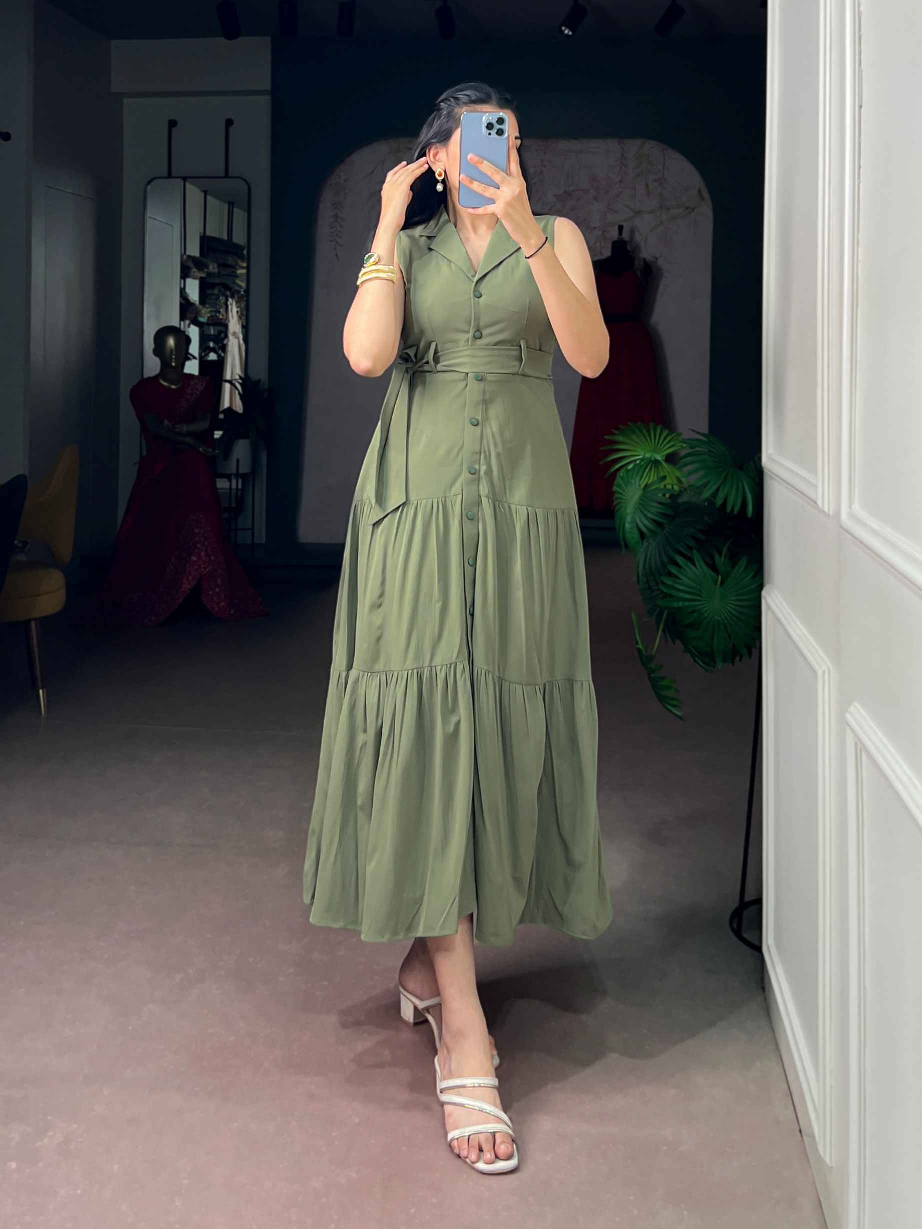 HEMMER SILK ETHNIC DRESS DESIGNED WITH A WAIST BELT AND FLOWY LAYERS