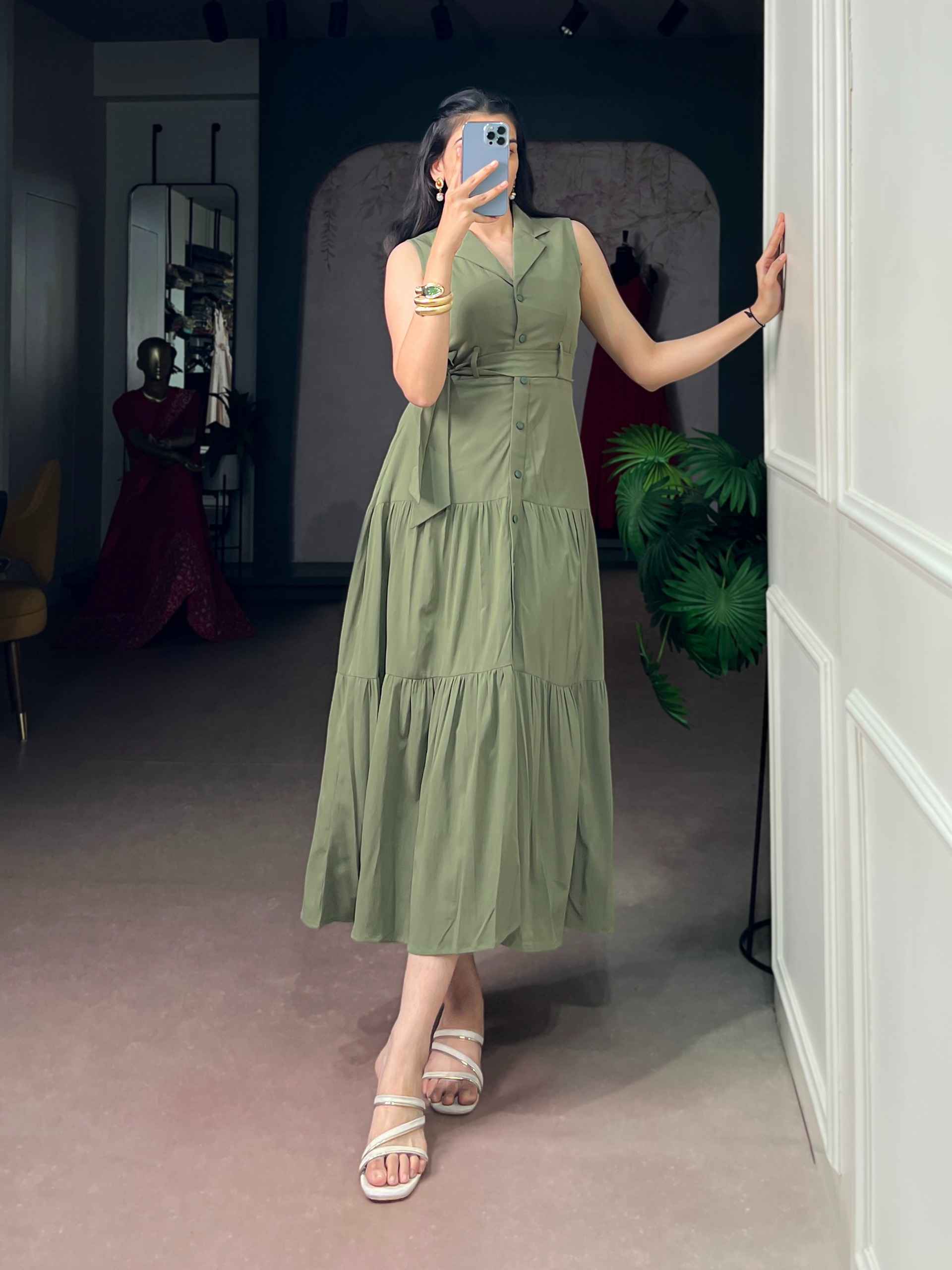 HEMMER SILK ETHNIC DRESS DESIGNED WITH A WAIST BELT AND FLOWY LAYERS