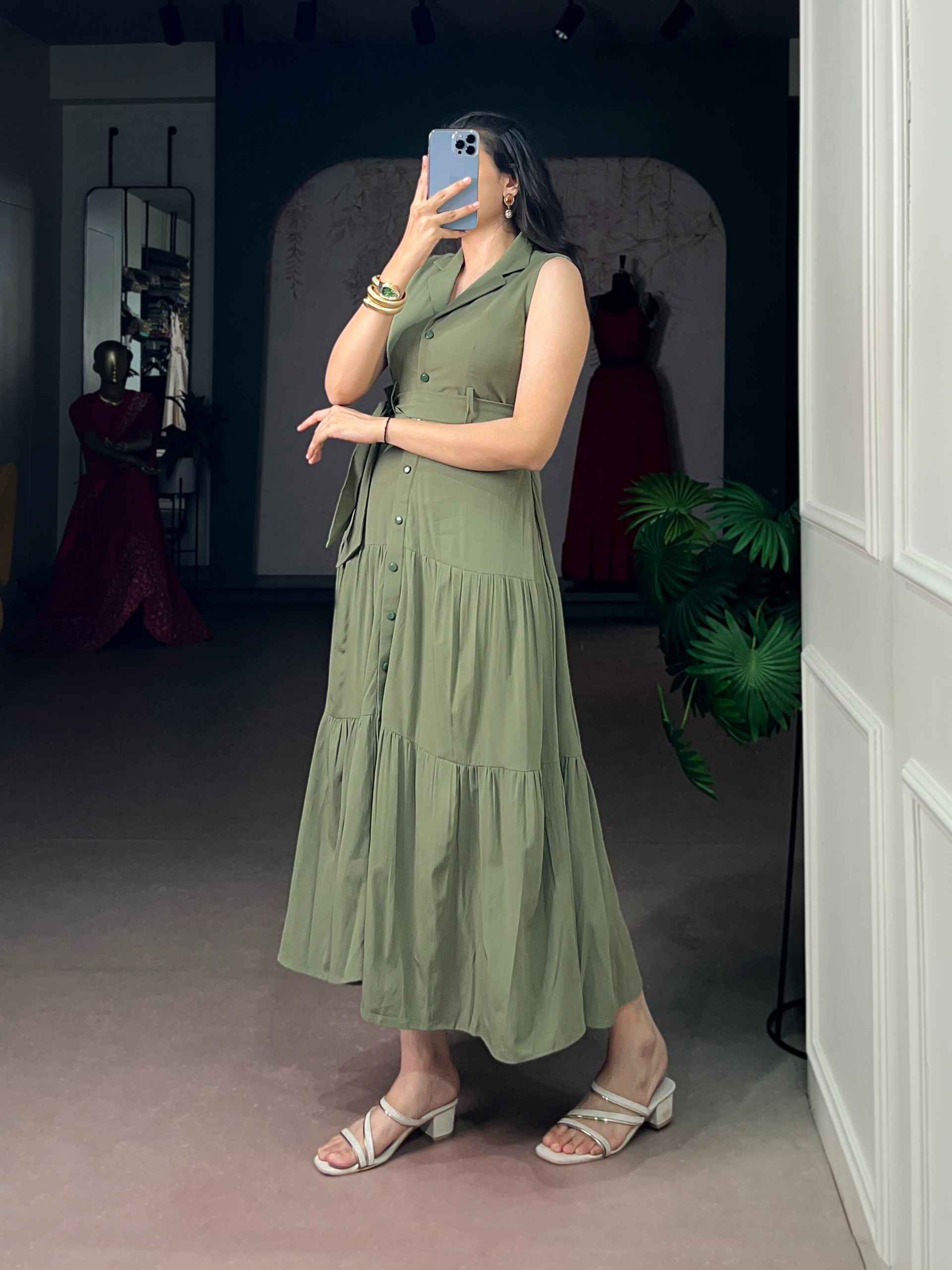 HEMMER SILK ETHNIC DRESS DESIGNED WITH A WAIST BELT AND FLOWY LAYERS