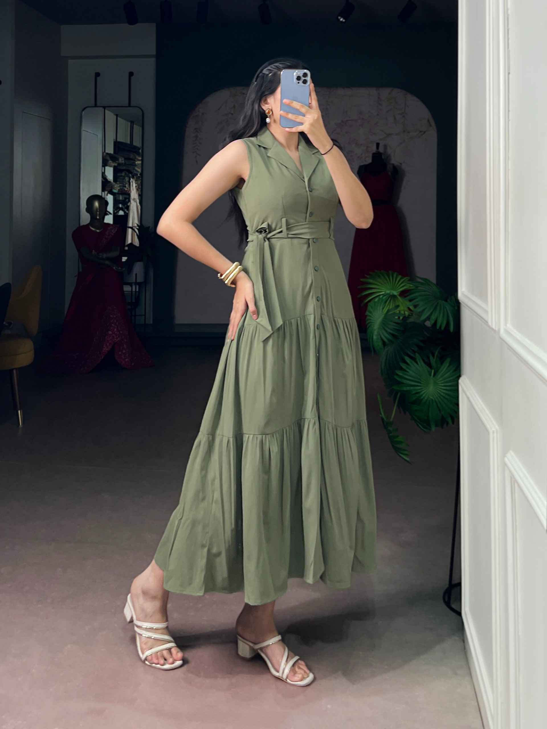 HEMMER SILK ETHNIC DRESS DESIGNED WITH A WAIST BELT AND FLOWY LAYERS