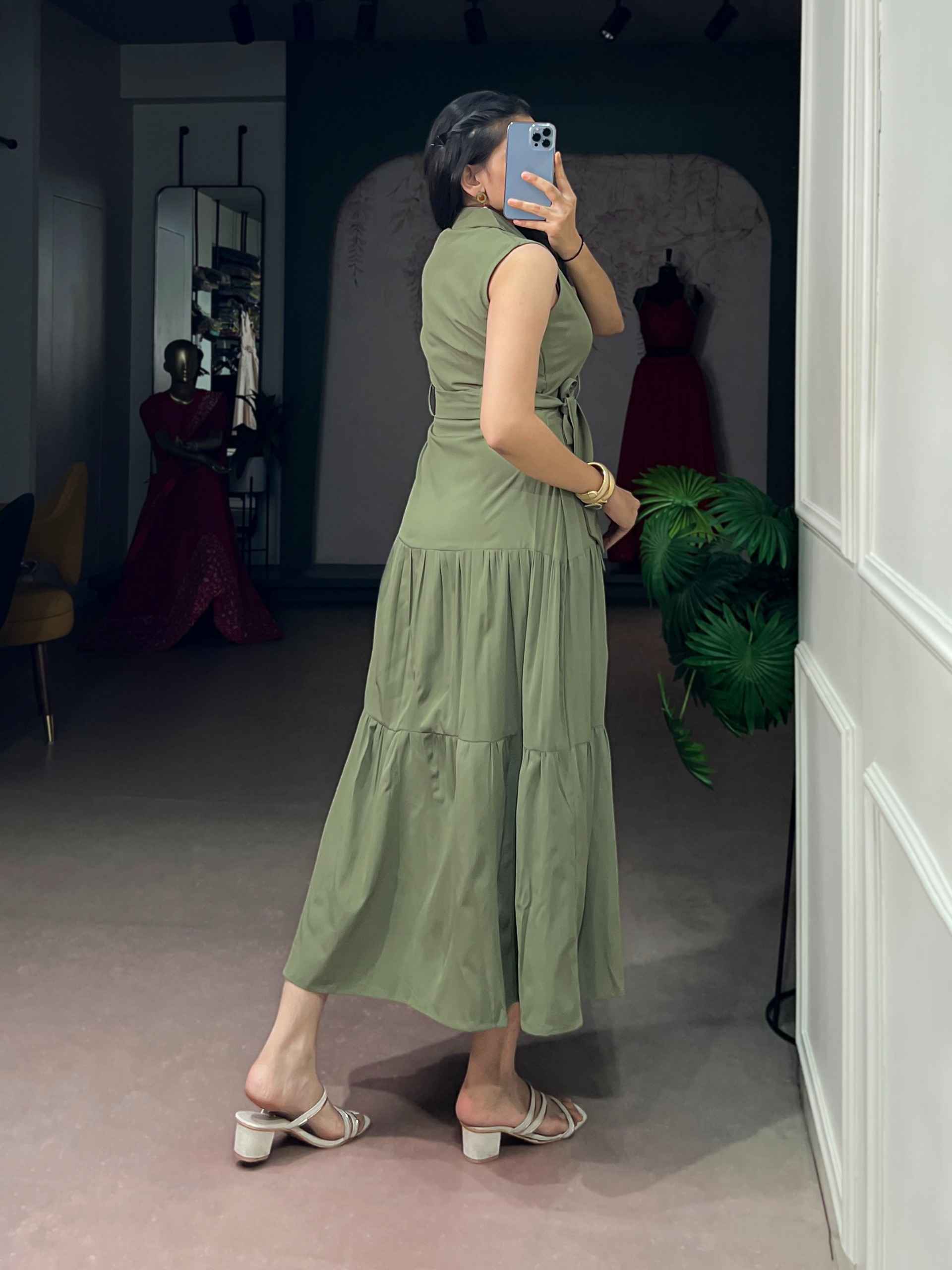 HEMMER SILK ETHNIC DRESS DESIGNED WITH A WAIST BELT AND FLOWY LAYERS