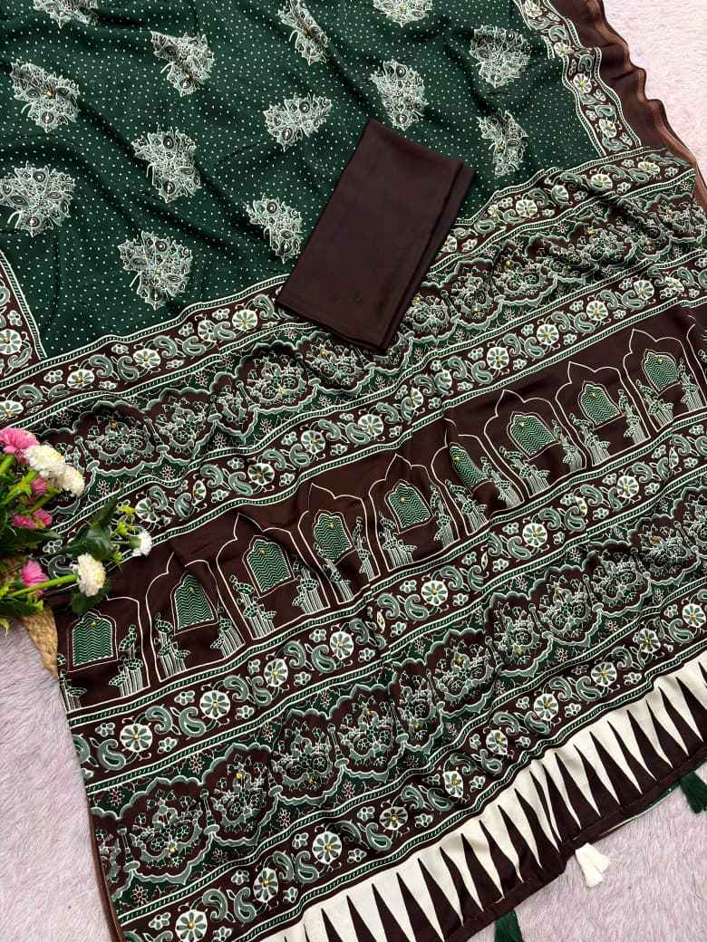JAPAN SATTIN PRINT WITH GHUNGHROO WORK SAREE 