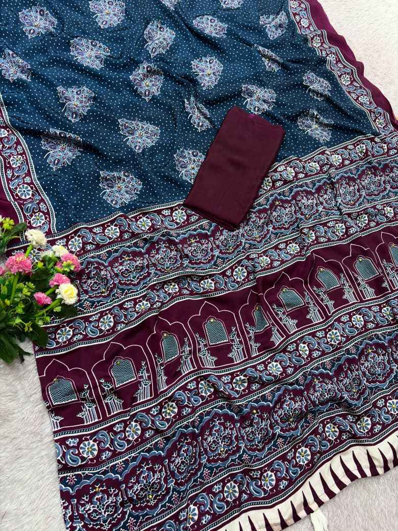 JAPAN SATTIN PRINT WITH GHUNGHROO WORK SAREE 