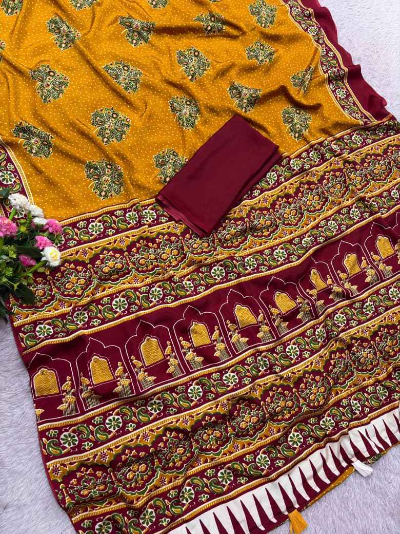 JAPAN SATTIN PRINT WITH GHUNGHROO WORK SAREE 