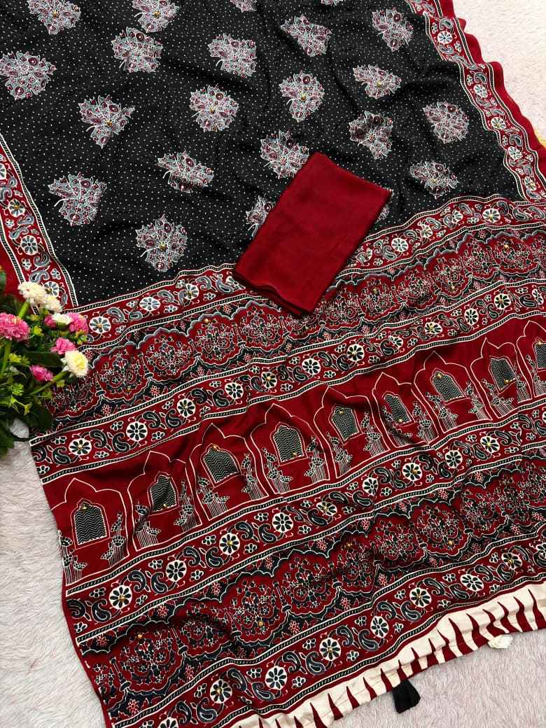 JAPAN SATTIN PRINT WITH GHUNGHROO WORK SAREE 