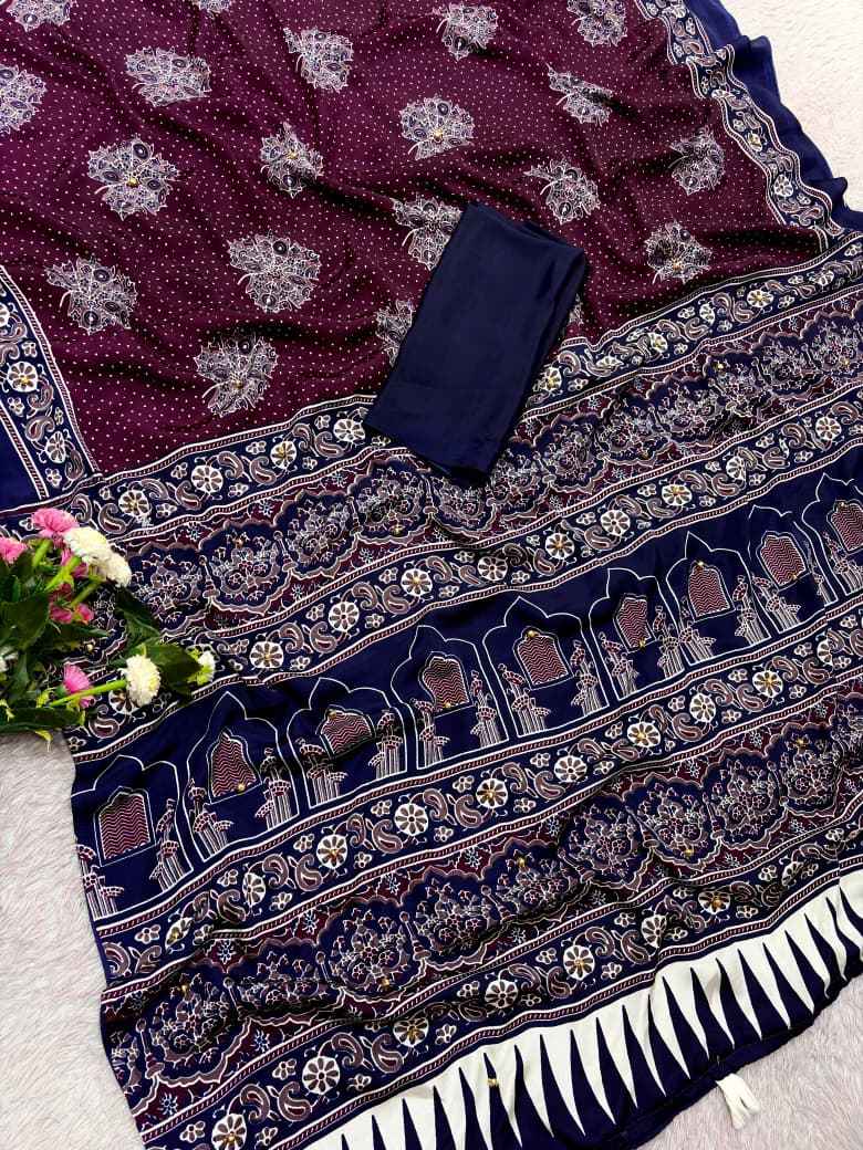 JAPAN SATTIN PRINT WITH GHUNGHROO WORK SAREE 