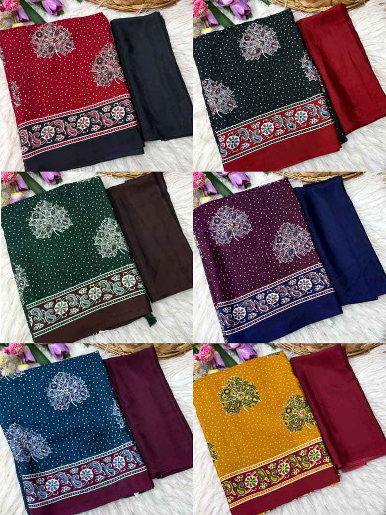 JAPAN SATTIN PRINT WITH GHUNGHROO WORK SAREE 