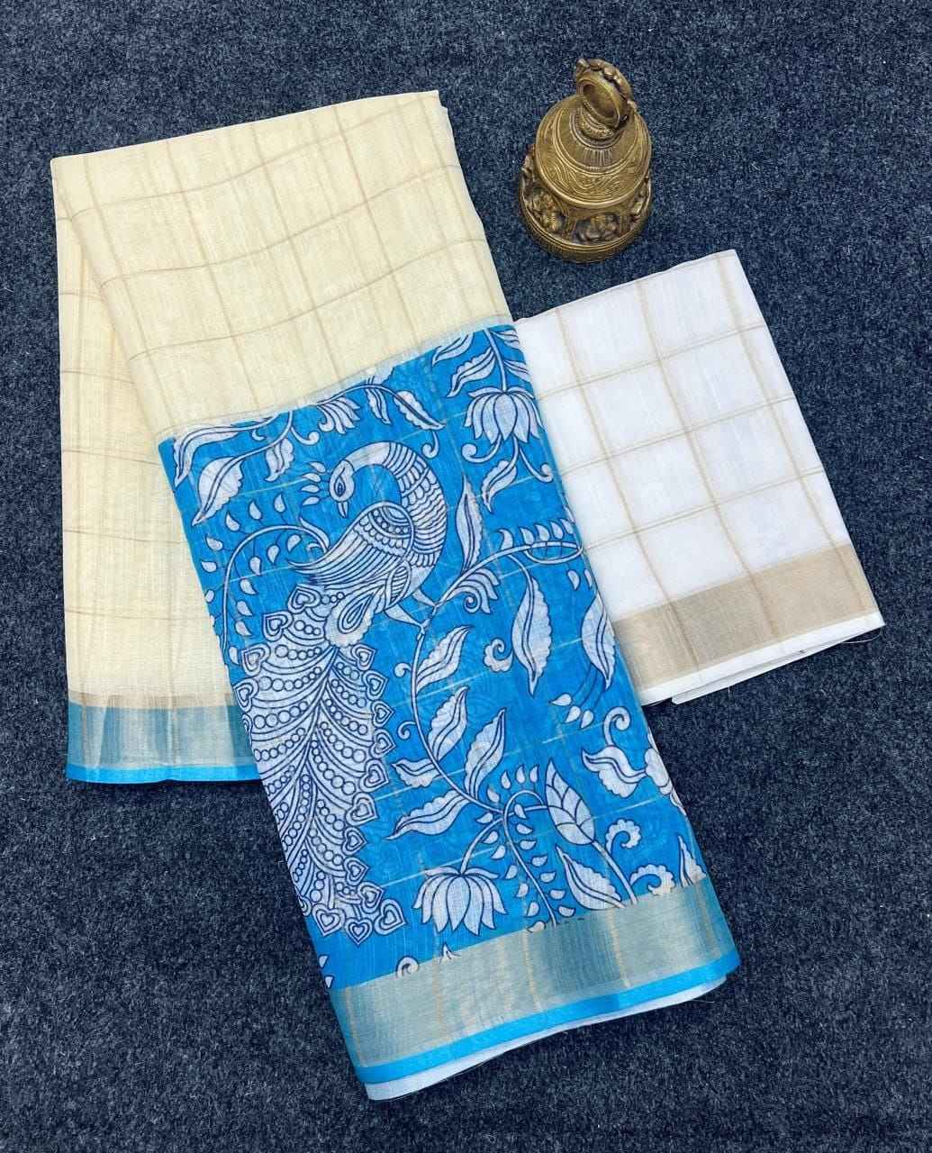 LINEN DIGITAL PRINTED GOLD JARI BORDER SAREE CODE MG554