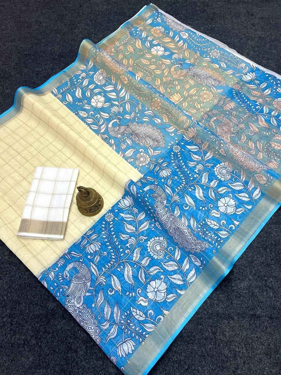 LINEN DIGITAL PRINTED GOLD JARI BORDER SAREE CODE MG554
