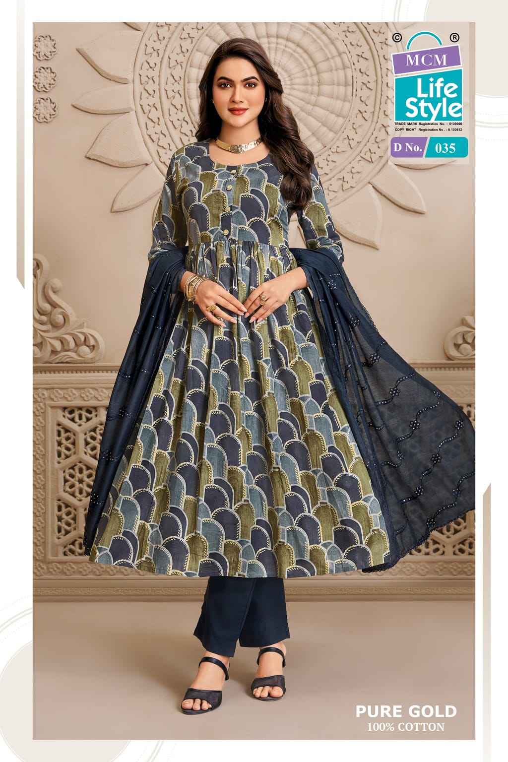 MCM PURE GOLD VOL-2 COTTON PRINTED UMBRELLA STYLE READYMADE SUIT 