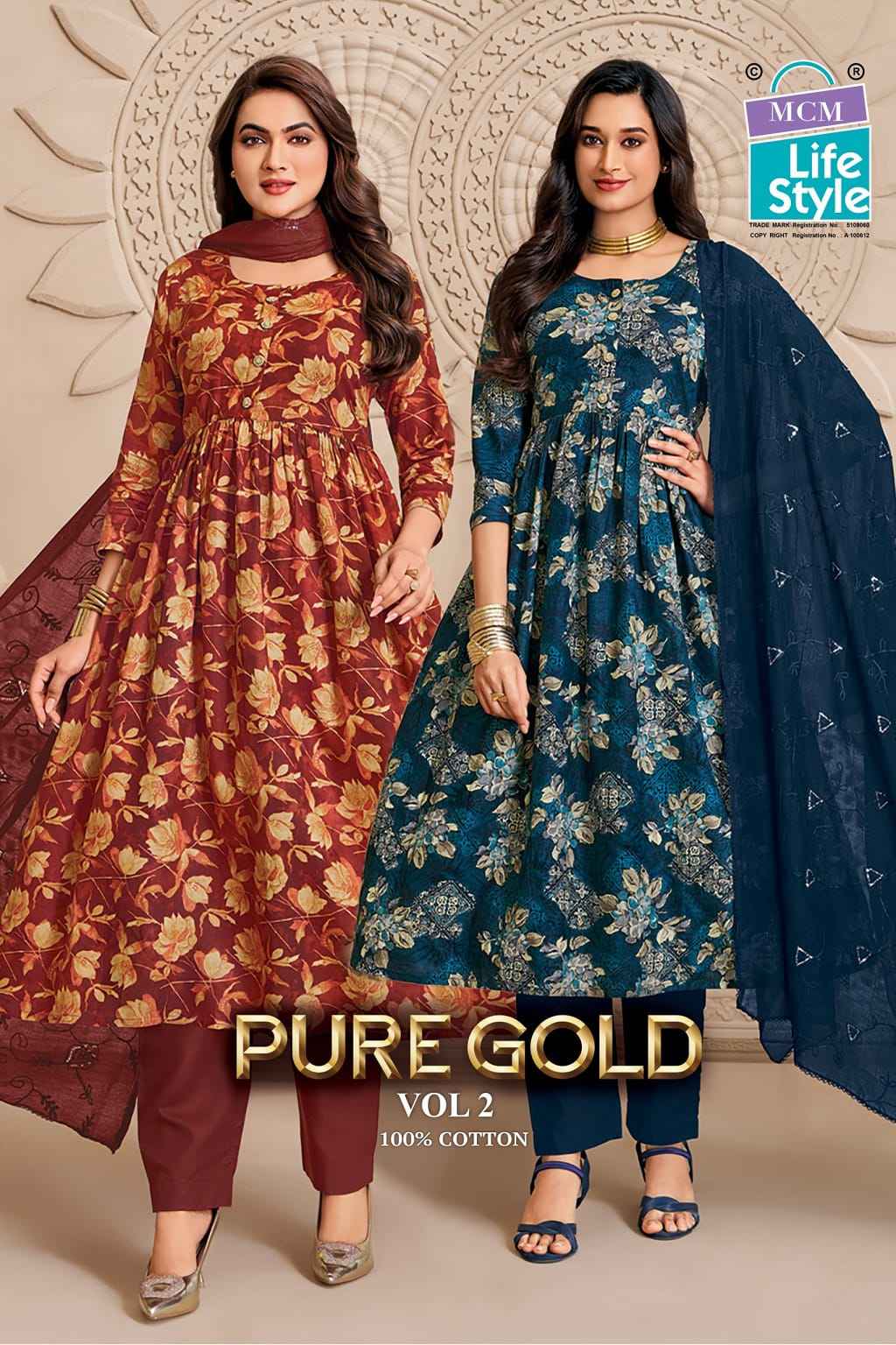 MCM PURE GOLD VOL-2 COTTON PRINTED UMBRELLA STYLE READYMADE SUIT 