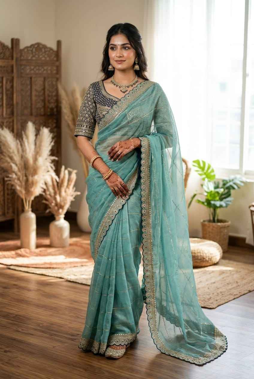 NC MOSS BEAD SEQUINS AND ZARI EMBROIDERY WORK SAREE