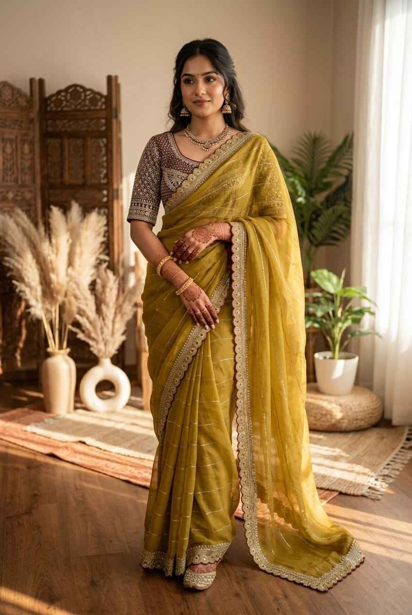 NC MOSS BEAD SEQUINS AND ZARI EMBROIDERY WORK SAREE