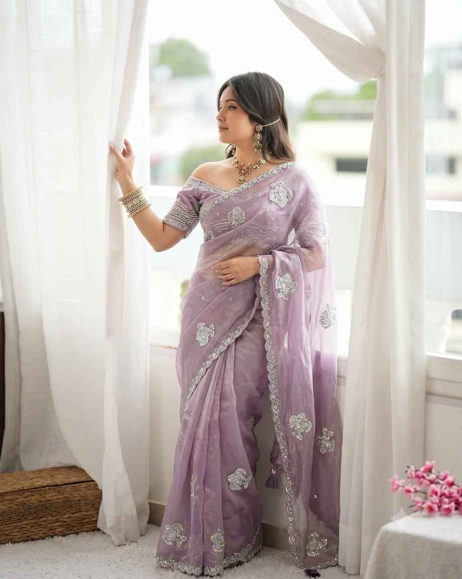 NC MOSS CHIFFON BEADS SEQUINS EMBROIDERY WORK SAREE