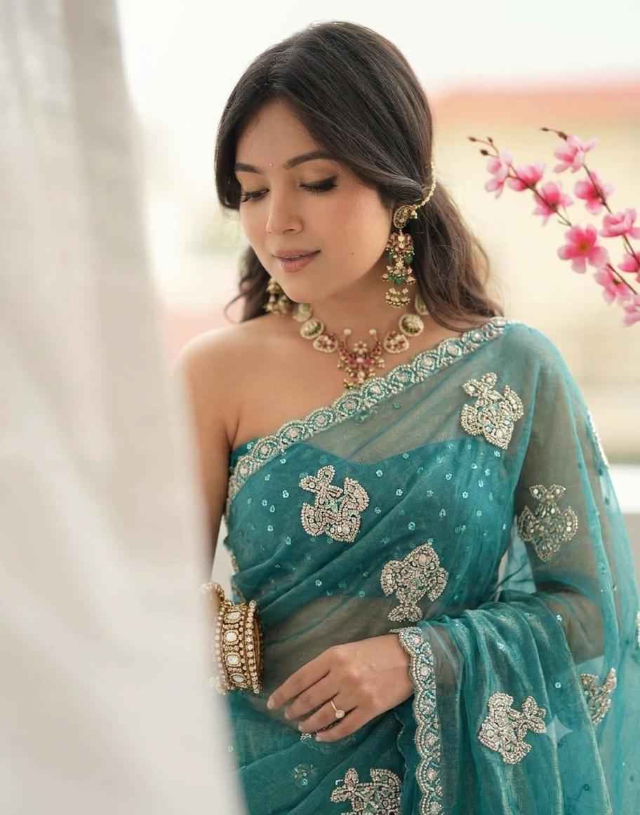 NC MOSS CHIFFON BEADS SEQUINS EMBROIDERY WORK SAREE