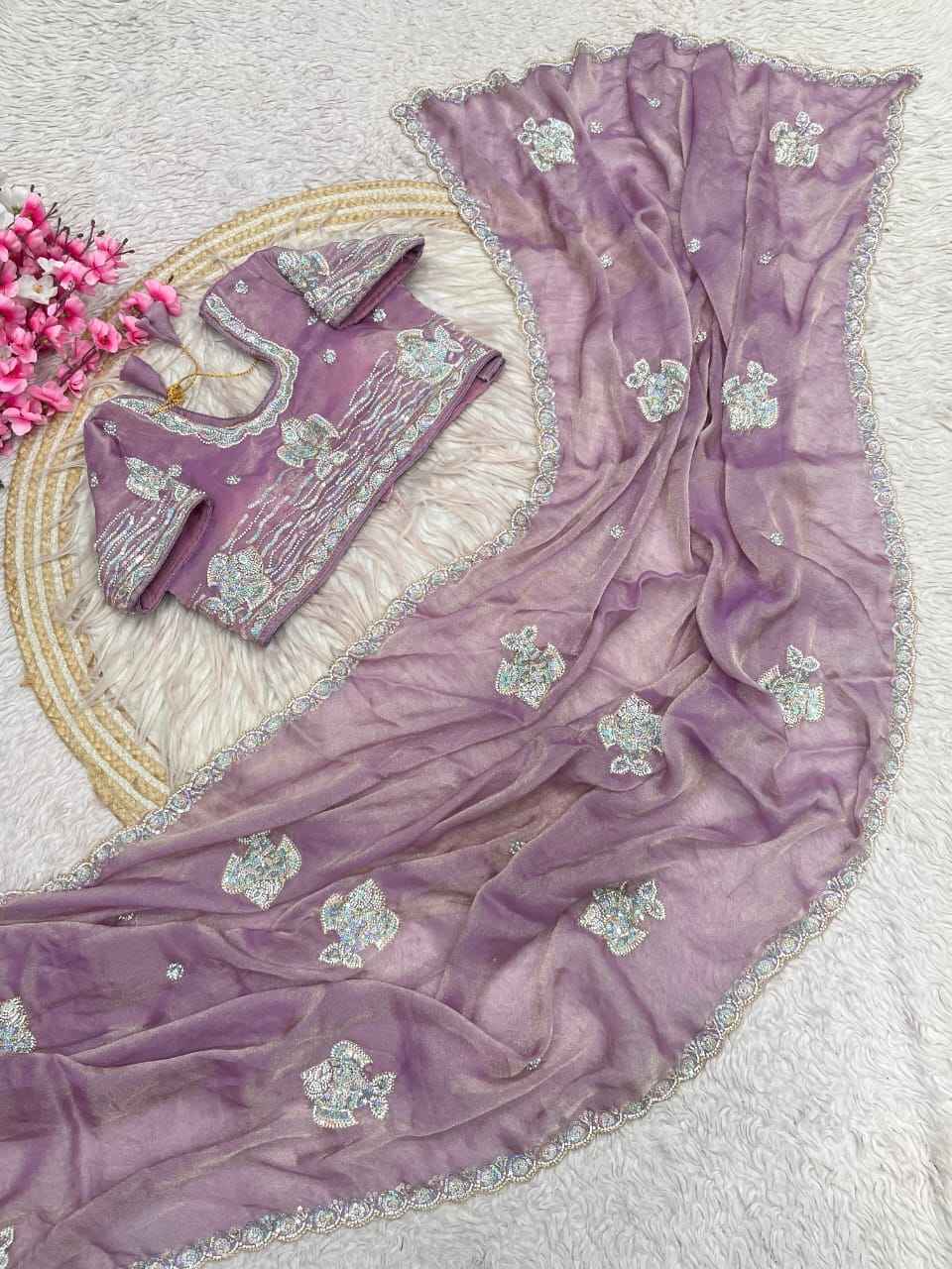 NC MOSS CHIFFON BEADS SEQUINS EMBROIDERY WORK SAREE