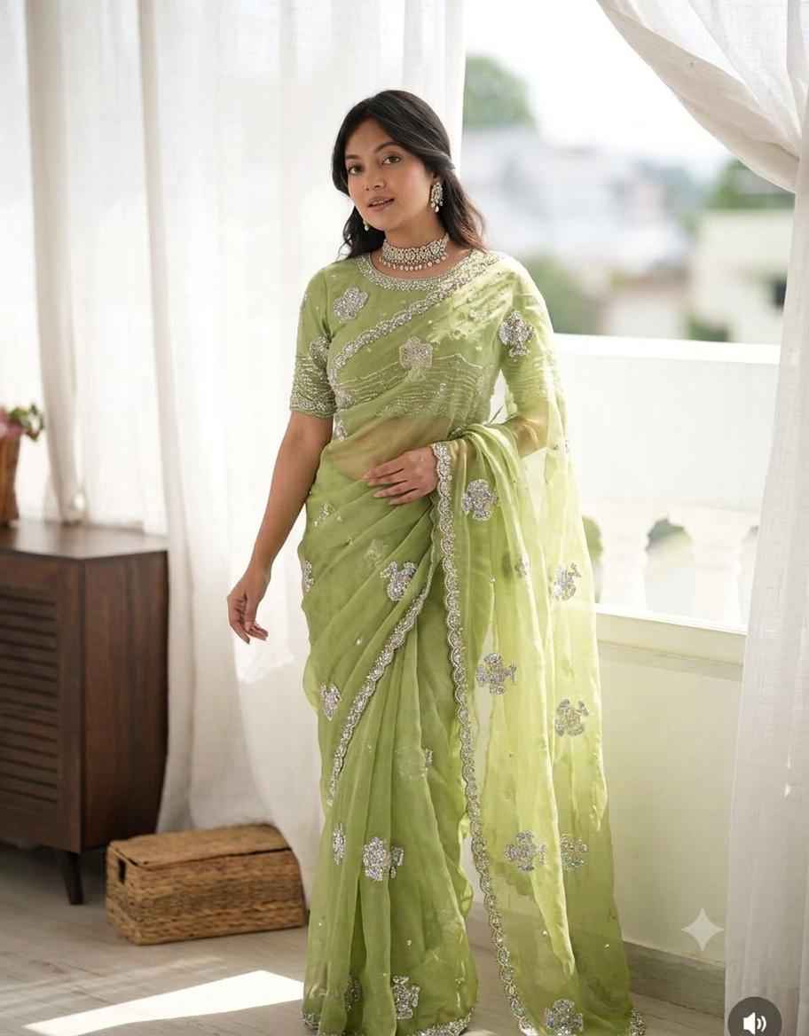 NC MOSS CHIFFON BEADS SEQUINS EMBROIDERY WORK SAREE