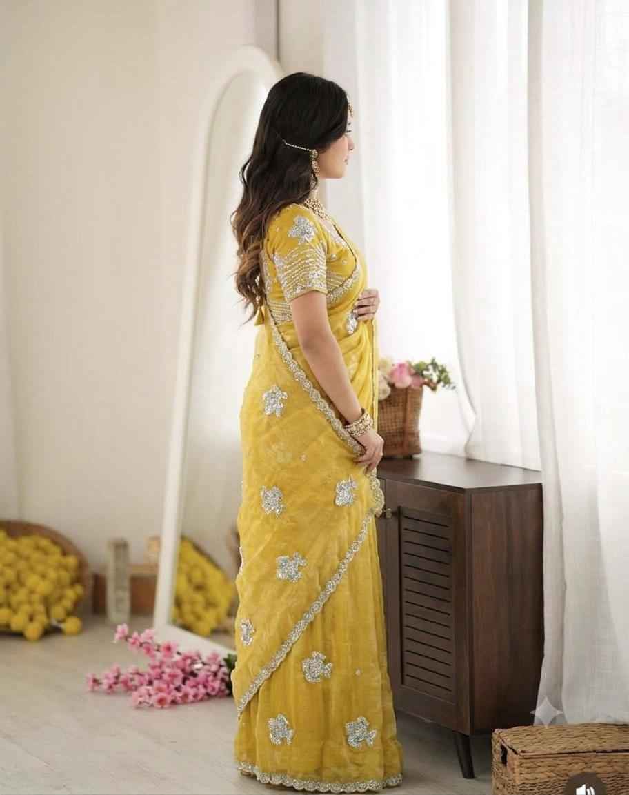 NC MOSS CHIFFON BEADS SEQUINS EMBROIDERY WORK SAREE