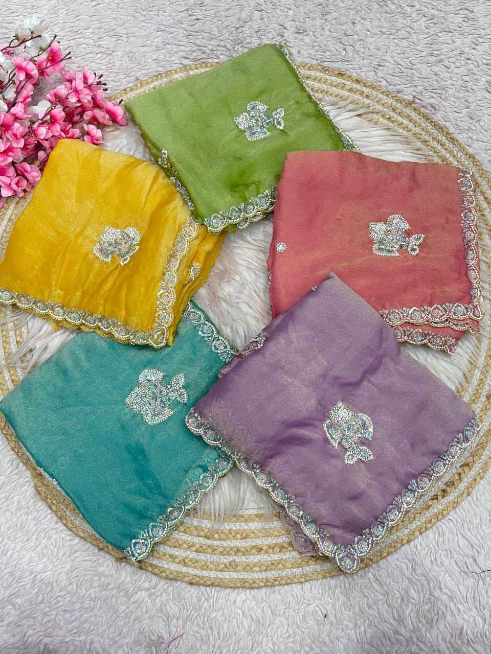 NC MOSS CHIFFON BEADS SEQUINS EMBROIDERY WORK SAREE