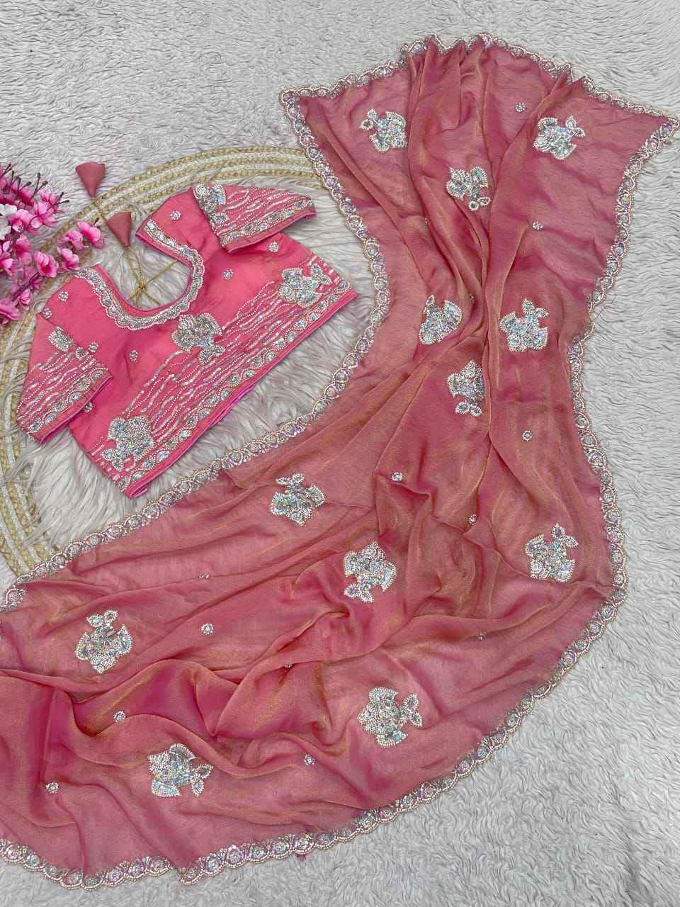 NC MOSS CHIFFON BEADS SEQUINS EMBROIDERY WORK SAREE