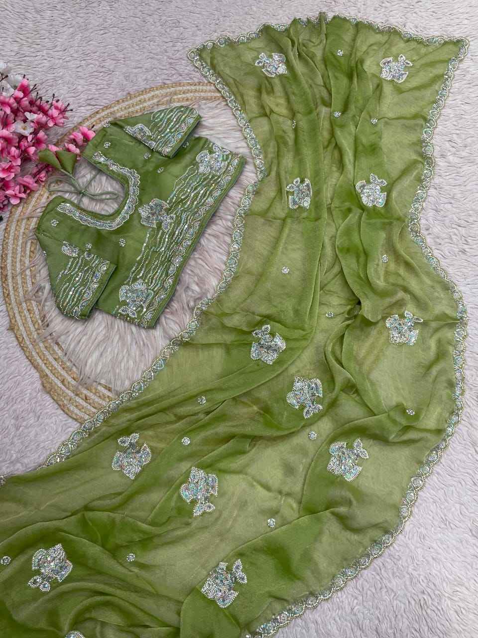 NC MOSS CHIFFON BEADS SEQUINS EMBROIDERY WORK SAREE