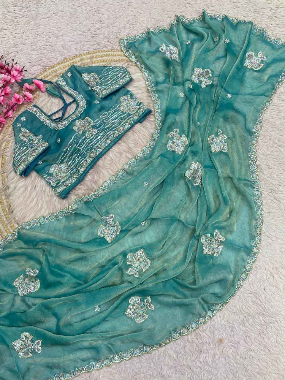 NC MOSS CHIFFON BEADS SEQUINS EMBROIDERY WORK SAREE